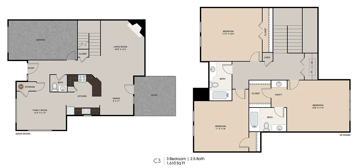 Floor plan C3 Three Bedroom Two 1/2 Bath Townhome