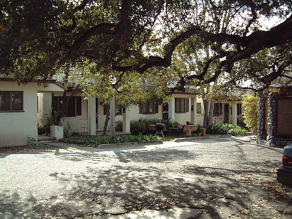 View from the living room overlooking the courtyard with an Engelmann Oak tree as the centerpiece.
