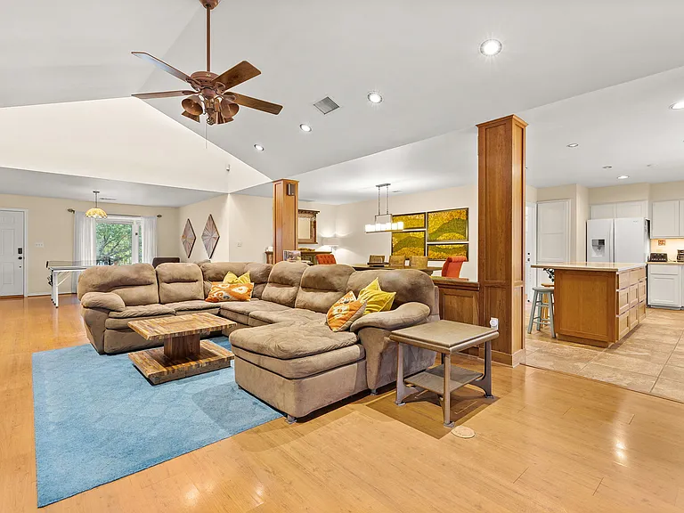 Living room, kitchen, and dining room
