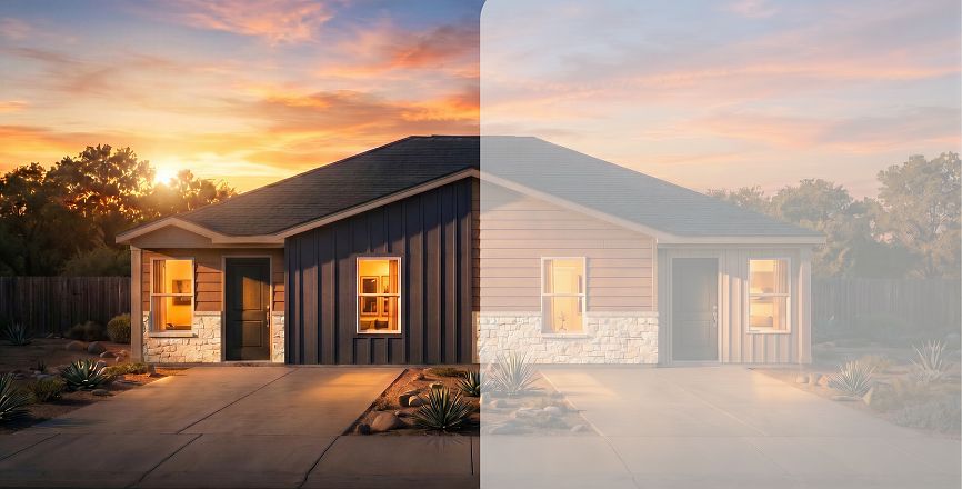 A single-story house at sunset shows two sides the left is vivid and colorful, while the right is f