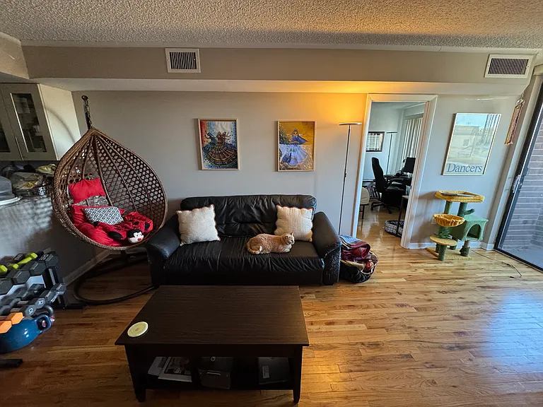 Living room/dining space. To the left is the kitchen. Ahead is the second bedroom/den. To the right is the balcony.