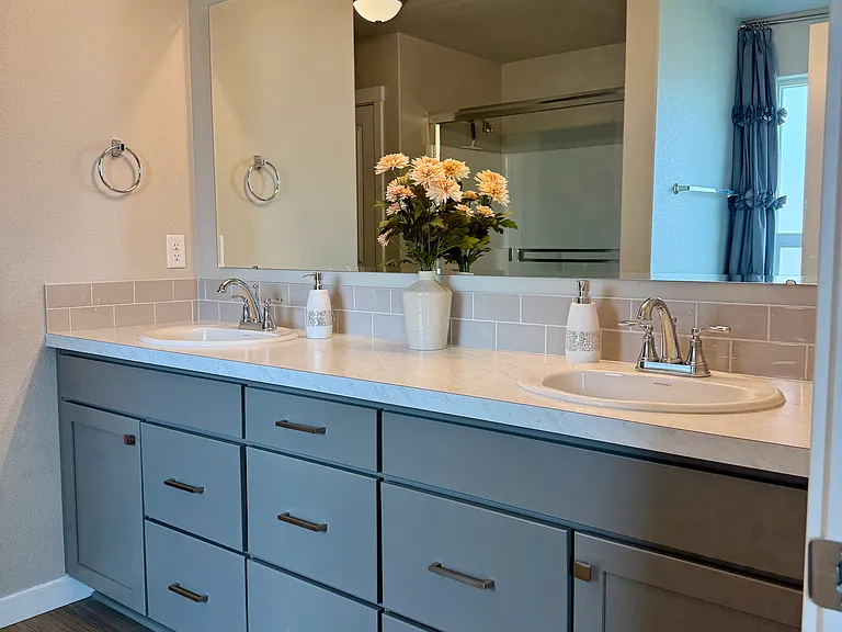 Primary bathroom featuring a double vanity with gray cabinets and ample storage.
