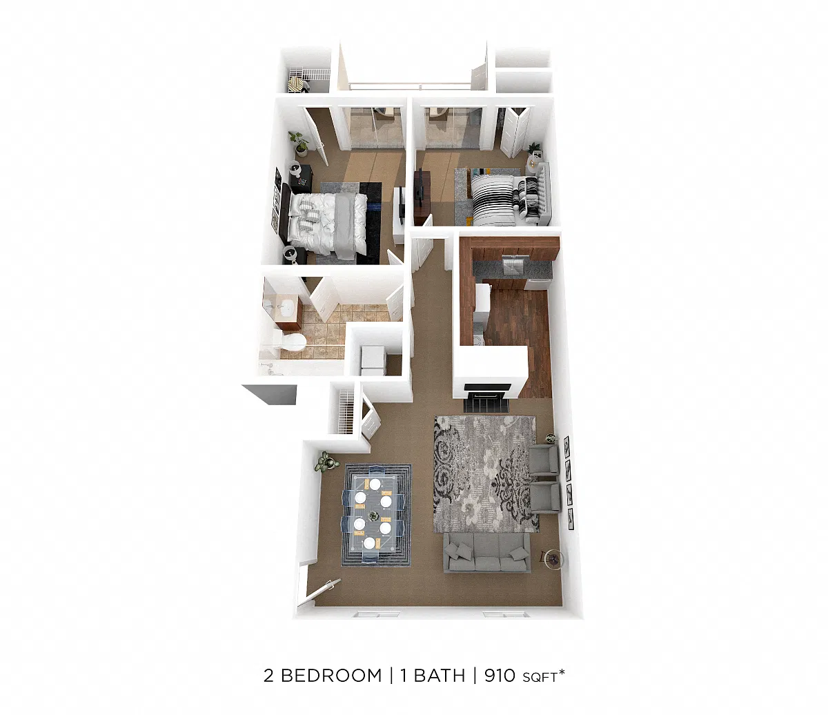 Floor plan Two Bedroom 1 Bath - 910 sqft