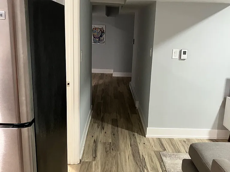 Updated hallway/common area with durable wood-look flooring, neutral walls, and convenient access between rooms.