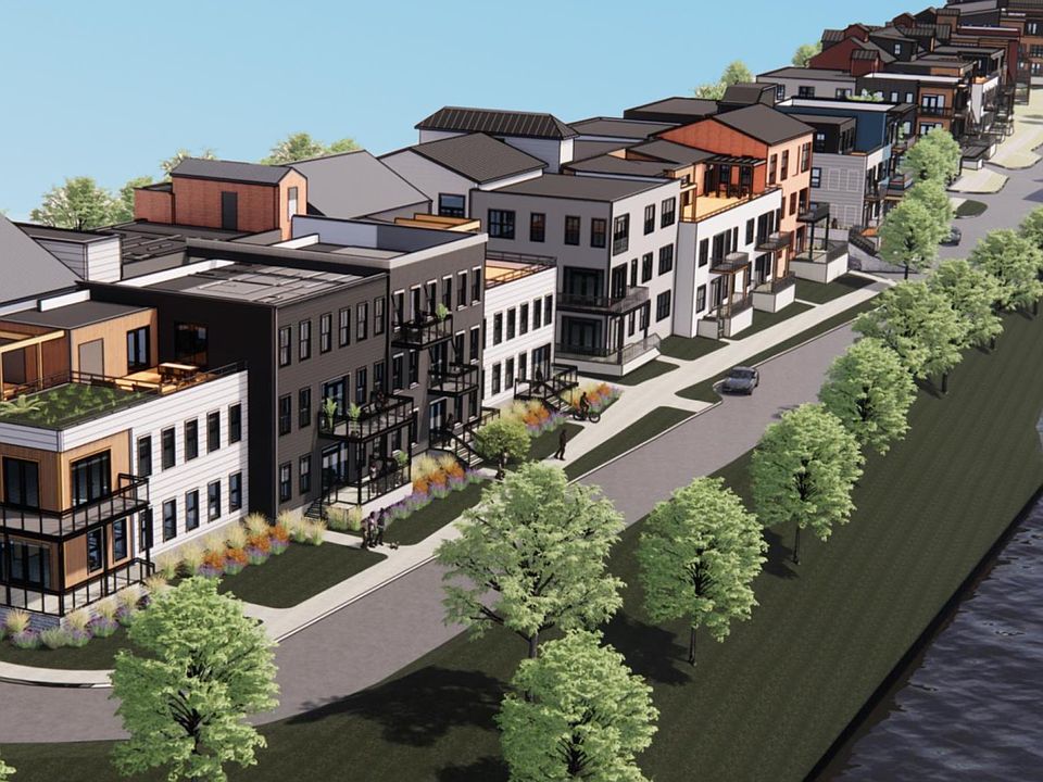 Artist rendering of an aerial view of Westport Crossing along the Erie Canal from above Monroe Avenue