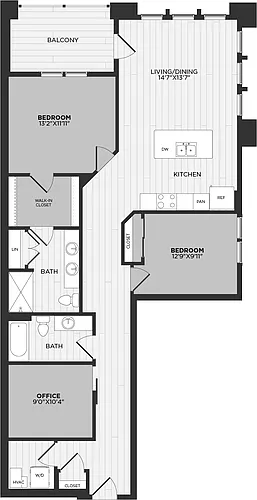Floor plan 2 Bed/2 Bath Den-E1
