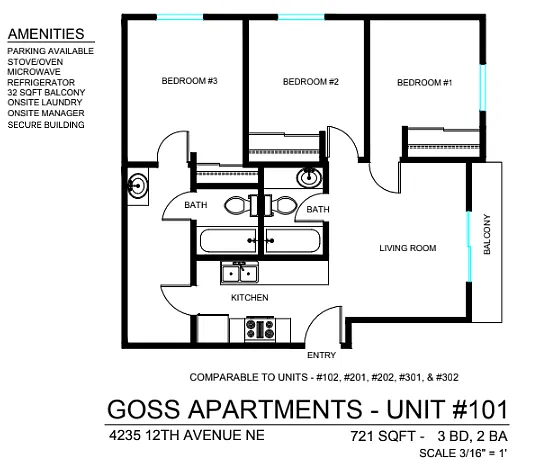 Floor plan 3 Bedroom 2 Bath
