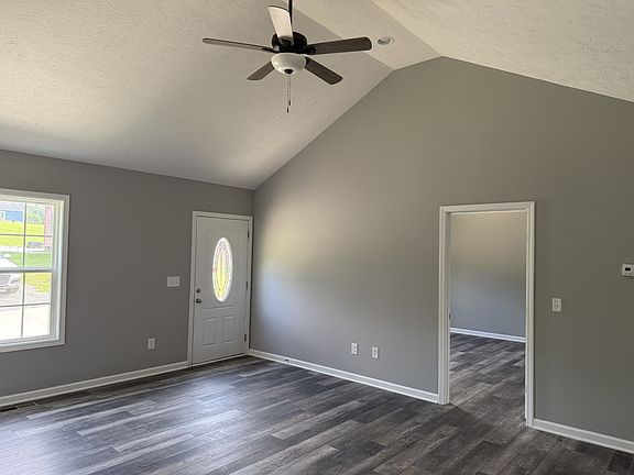 Great room with cathedral ceiling, large space for entertainment center.