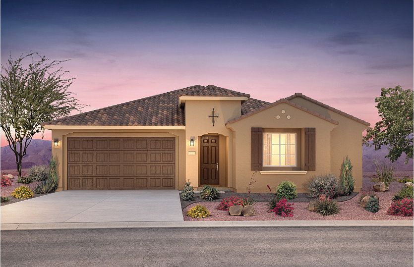 Exterior rendering of the Stella shown in design style A featuring a two car garage.