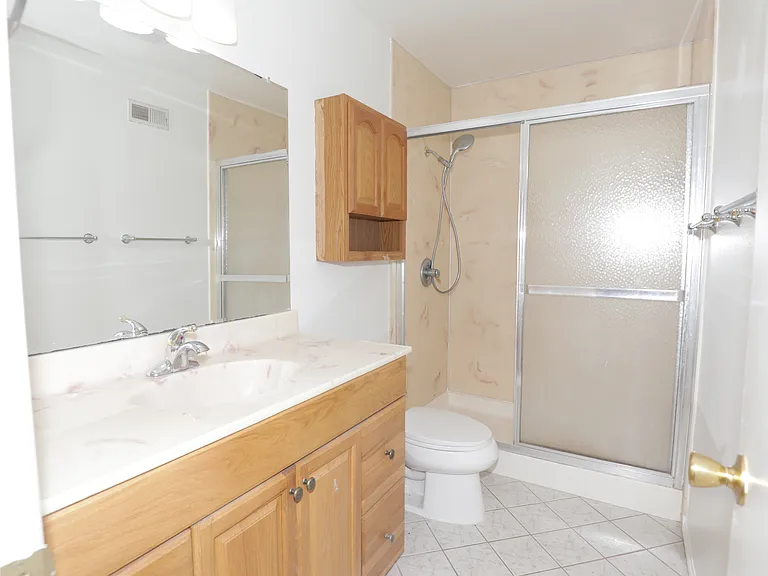 Main bathroom with vanity and sliding door walk-in shower