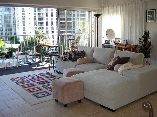 Large Open layout Living room. Overlooking Ala Wai canal and mountain
