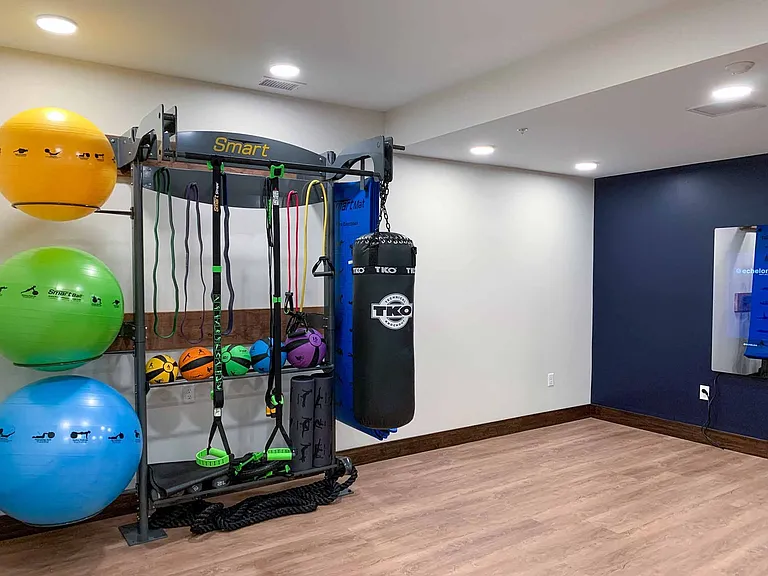 Our yoga and spin studio is equipped with on-demand fitness classes.