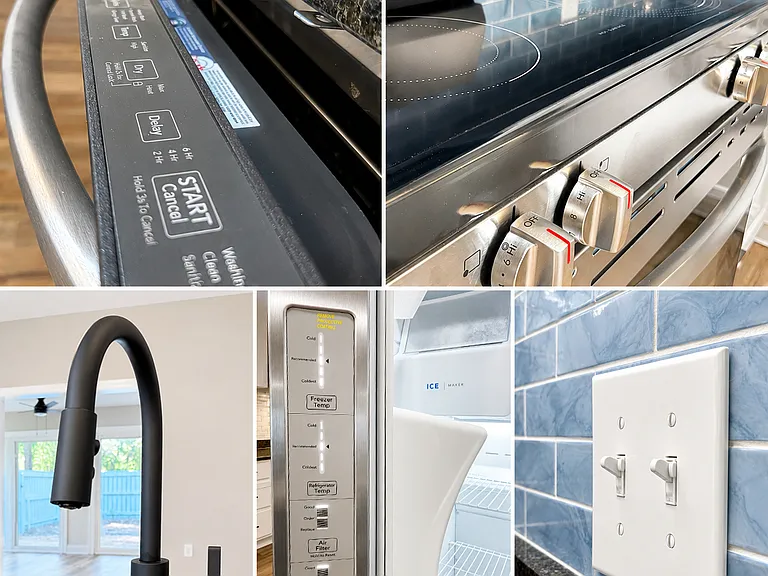 Kitchen details: Dishwasher, stove, sink, fridge, freezer, & light switches.