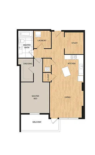 Floor plan Tower 1 Bed/1 Bath Den-Dogwood