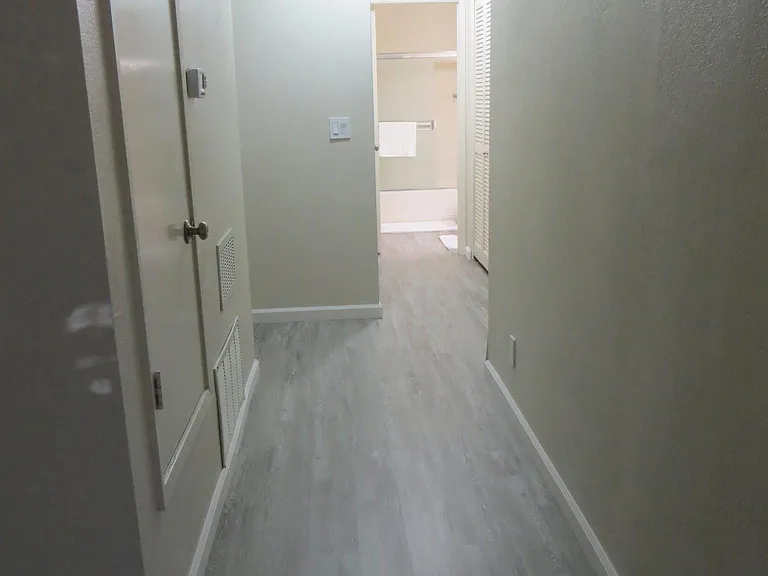 Hallway from living room area to bathroom; new flooring and