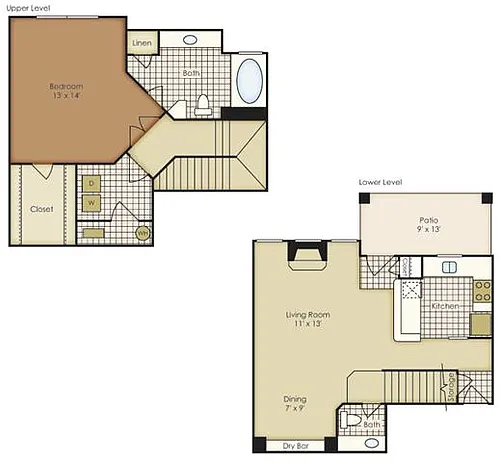 Floor plan One Bedroom Townhome 1A2TAG-1A2TAGU-2A2TAGU