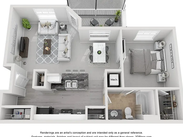A 3D floor plan layout of our 1x1 floor plan, The Ashford.
