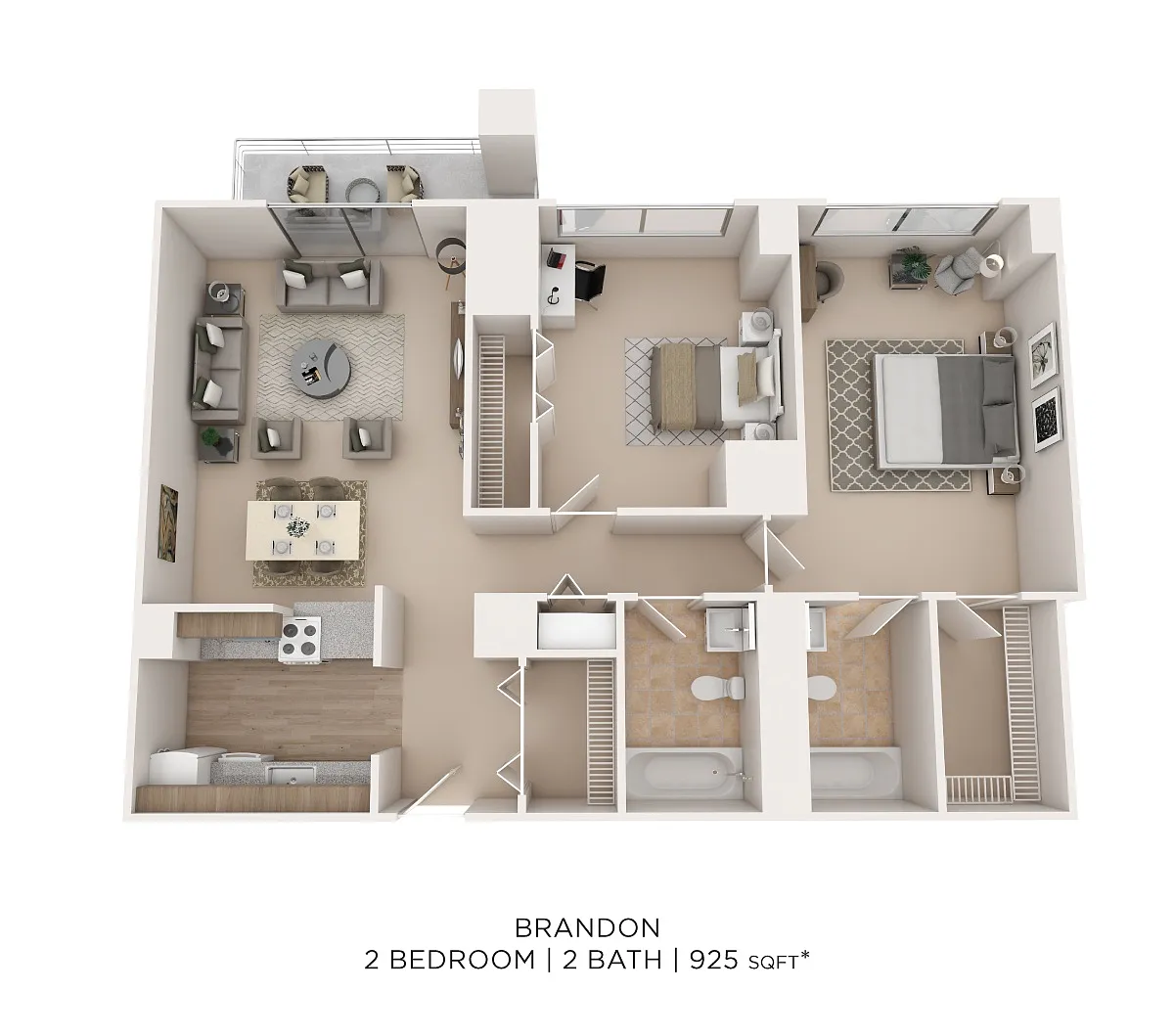 Floor plan Two Bedroom 2 Bath- 925 sqft