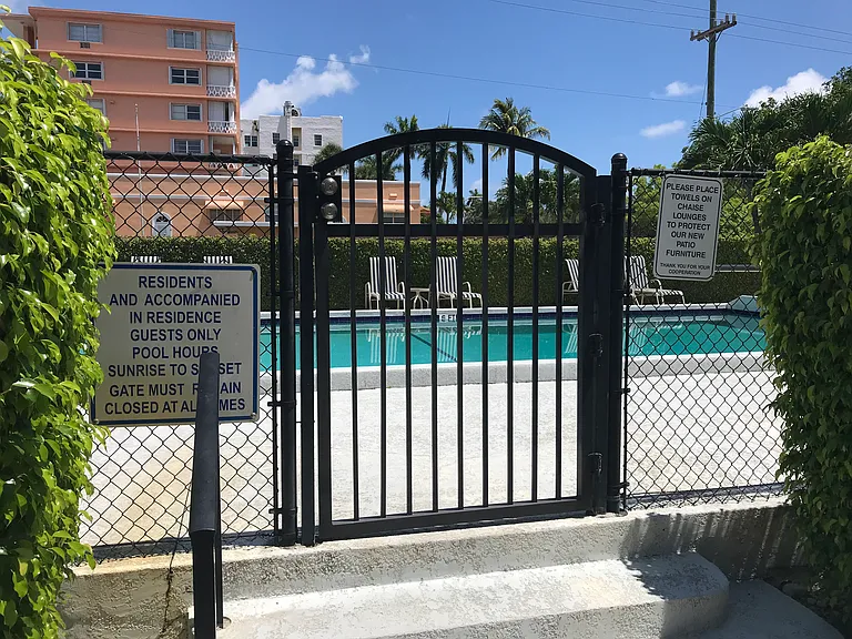 Gated pool is locked and requires key entry at all times.