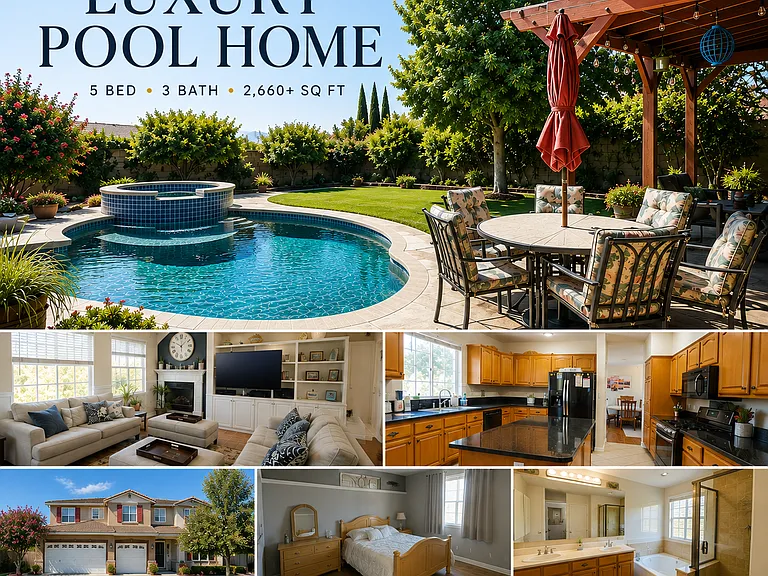 __ Luxury West Palmdale Pool Home for Rent! 5 Bed _ 3 Bath _ 2,660+ sq ft _ Resort-style pool & spa _ Huge solar system _ 3-car garage _ Beautiful landscaped yard with fruit trees. $4,550/mo + $325 maintenance. DM to schedule a tour.
