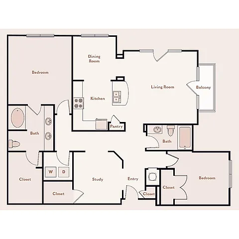 Floor plan The Versailles, 2 Bedroom 2 Bath