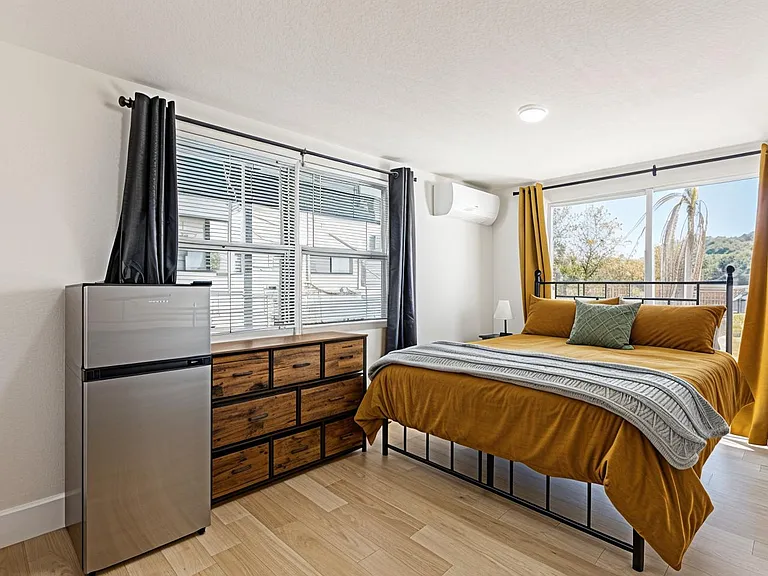 Bedroom with en-suite bath, desk, small fridge, dresser, closet, natural light, mini split, private entry, and lake views.