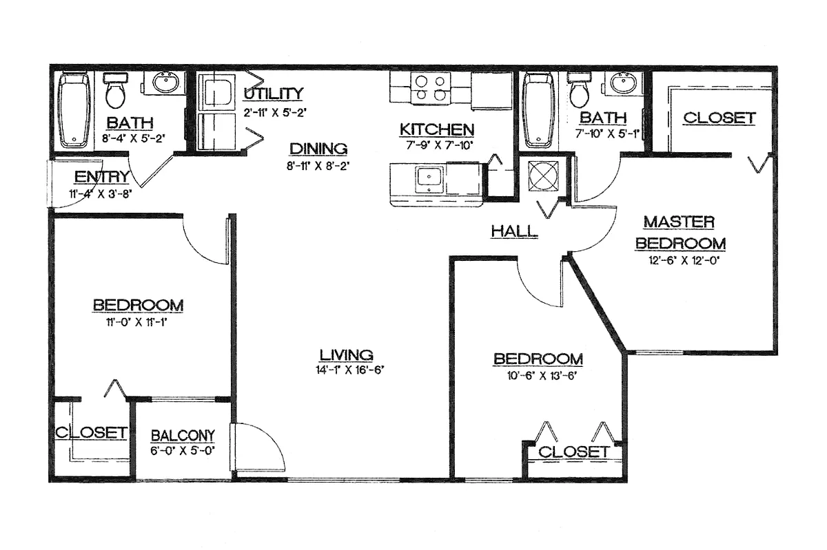 Floor plan 3A Three Bedroom 2 Bath 60%
