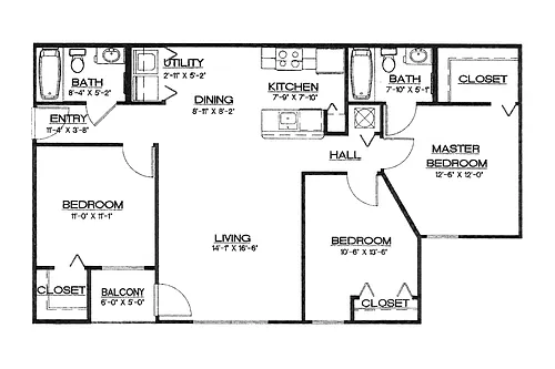 Floor plan 3A Three Bedroom 2 Bath 60%
