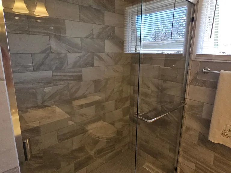 Glass shower doors.