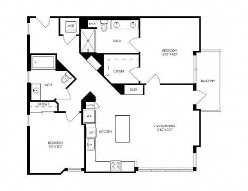 Floor plan Vora Lux 2x2-2C, 1288 SF
