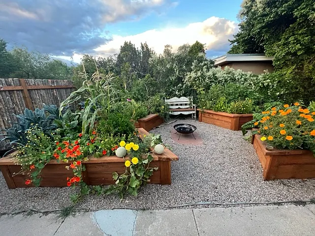 Main house front yard firepit and garden