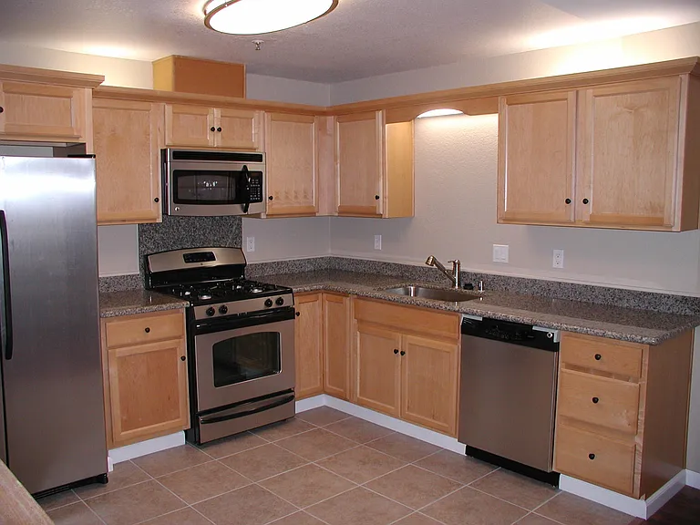 Stainless steel gas stove/oven/lower pan storage, with matching efficient fridge/freezer, dishwasher, microwave, deep stainless sink and convertible faucet. Ambient lighting highlights granite slab counter over solid maple cabinetry. Maple will either be