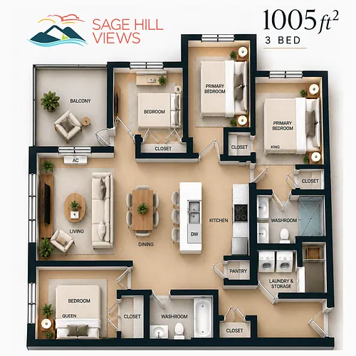 Floor plan 3 Bed Private & Quiet Corner Suites