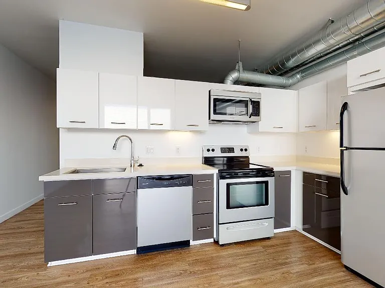 Apartment kitchen with stainless steel appliances, quartz countertops and wood-style flooring.