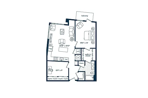 Floor plan One Bedroom One Bath Den (965 SF)