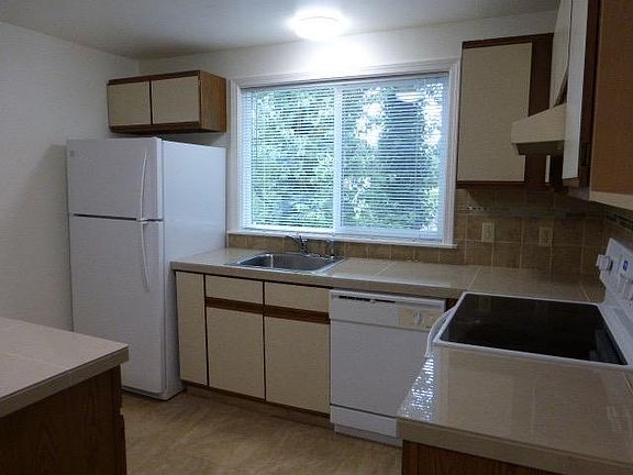 Clean and beautiful kitchen with relaxing green outside your window.