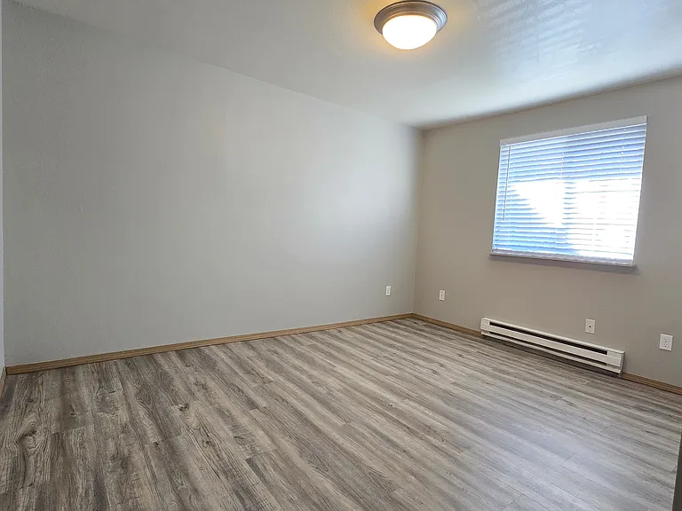 Spacious master bedroom with wood-style flooring, neutral tones, and a bright window for natural light. Offers a clean, open layout with plenty of room to relax and unwind.
