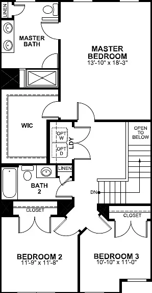 Bed Room Floor - Property plan is mirror image of this plan (or pic) - 
Master Bedroom on left; Master Bath & WIC on right;
Stairs on left; bath & washer & dryer on right; 
Bed room 3 will be on left; Bed room 2 on right