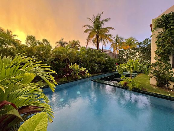Backyard jungle oasis with pool, hot tub and fire pit, covered patio.