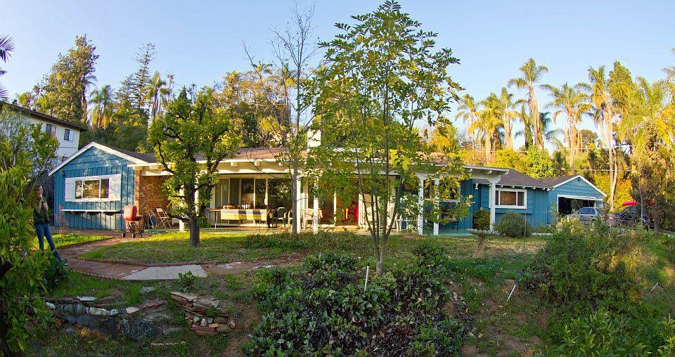 Bird's- eye view of the house from the garden.