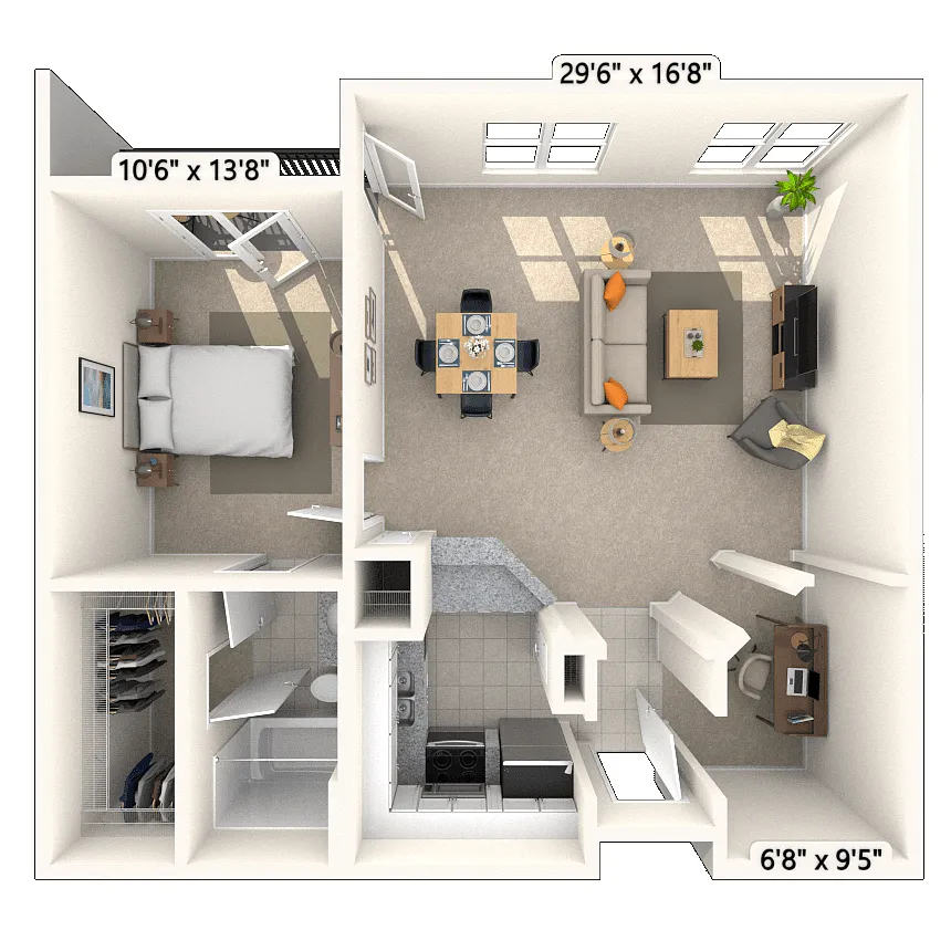 Floor plan Traditional 1x1 886 SF