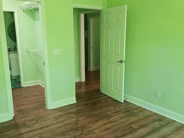 Master bedroom looking through walk in closet (to bathroom) and out of the bedroom door into the hall.