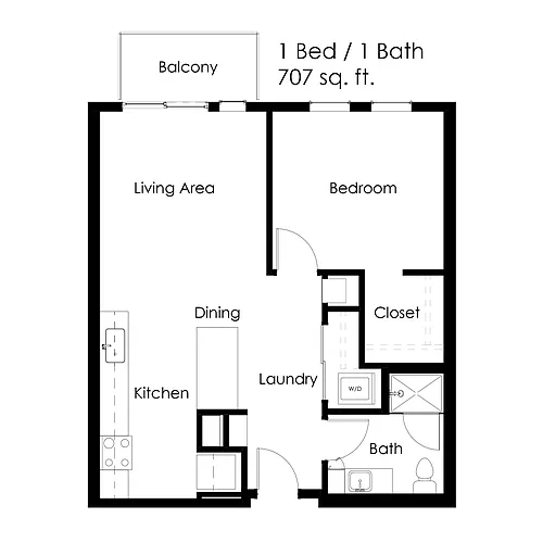 Floor plan 1 Bed / 1 Bath 707 sq ft 1F