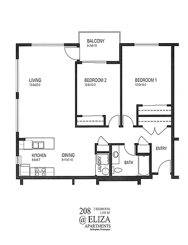 Floor plan 2-Bed 1-Bath Premium