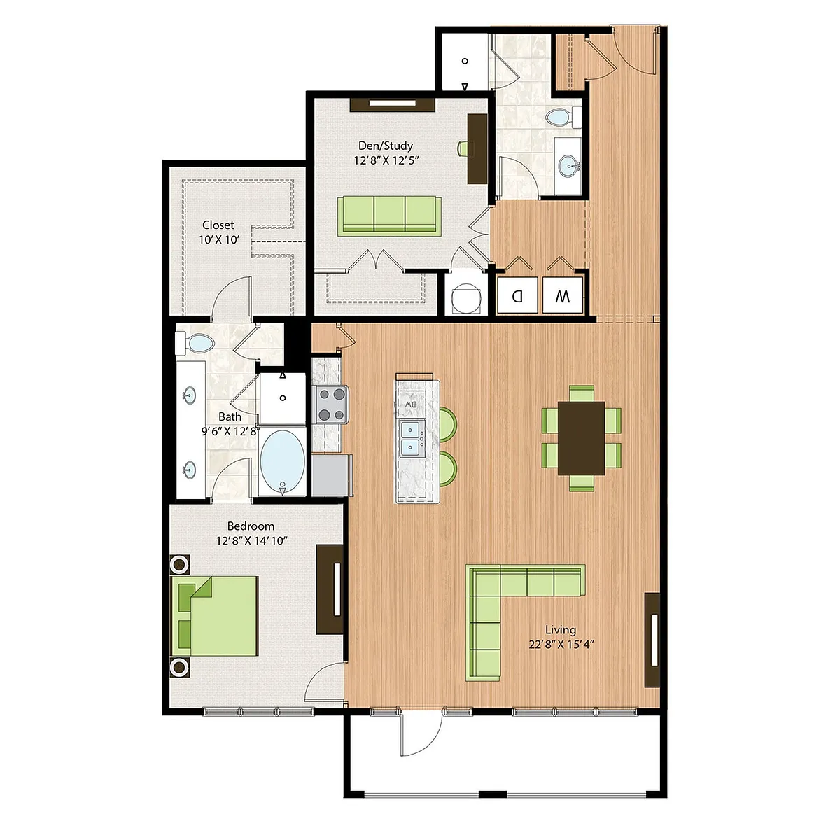 Floor plan One Bedroom Two Bath with Den (1666 SF)