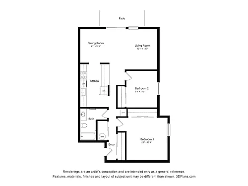 Floor plan 2 Bed, 1 Bath 35%