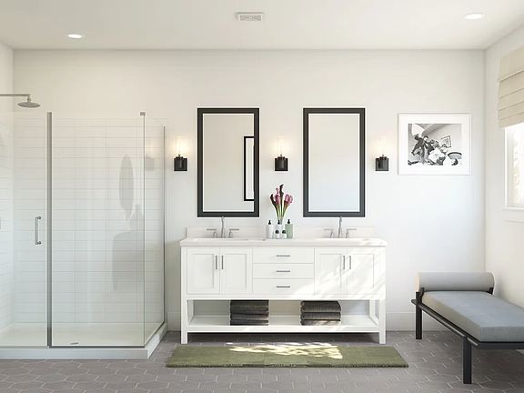 Primary bath with freestanding vanity