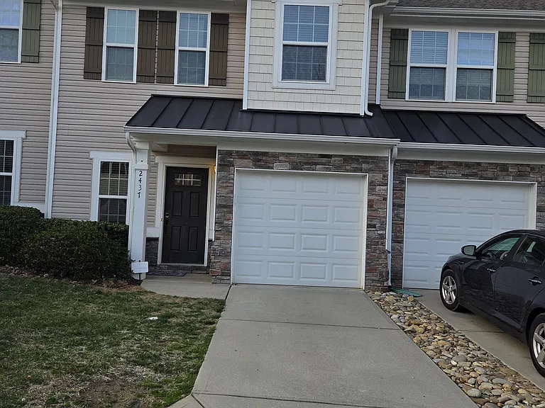 View from front, closed garage