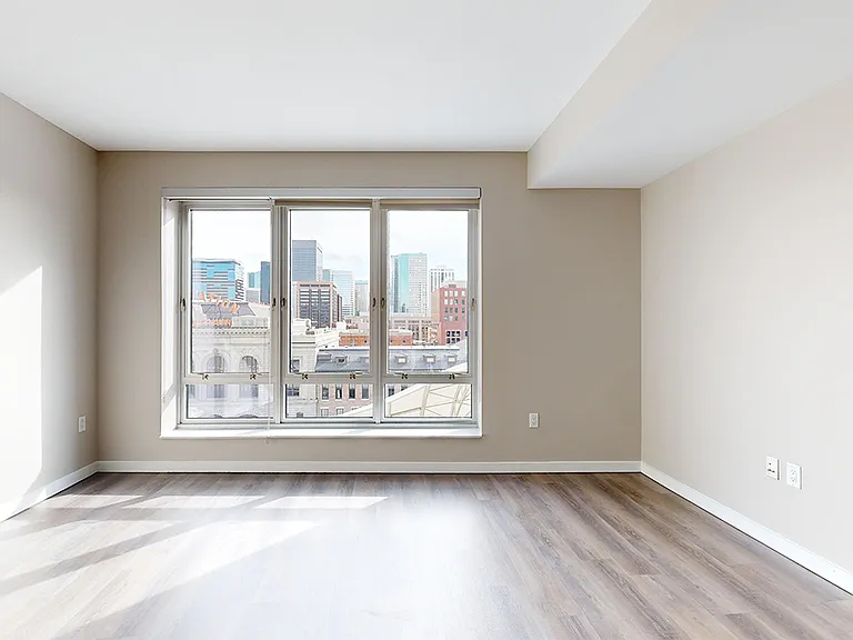 Apartment living room with wood-style flooring.