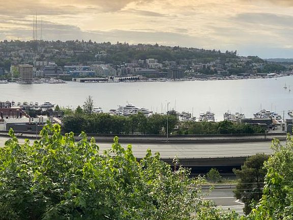 Space Needle, Lake Union, Olympic Mountains and sunset view from the living room, balcony and dining room.
